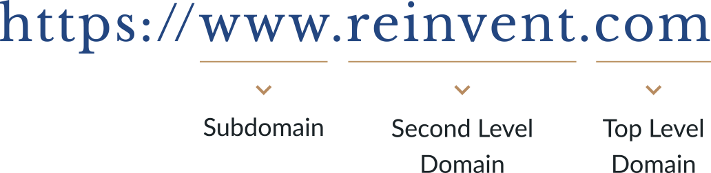 Example url: https://www.reinvent.com. WWW is the subdomain.
Reinvent is the secondary level domain. Dot com is the top level domain.